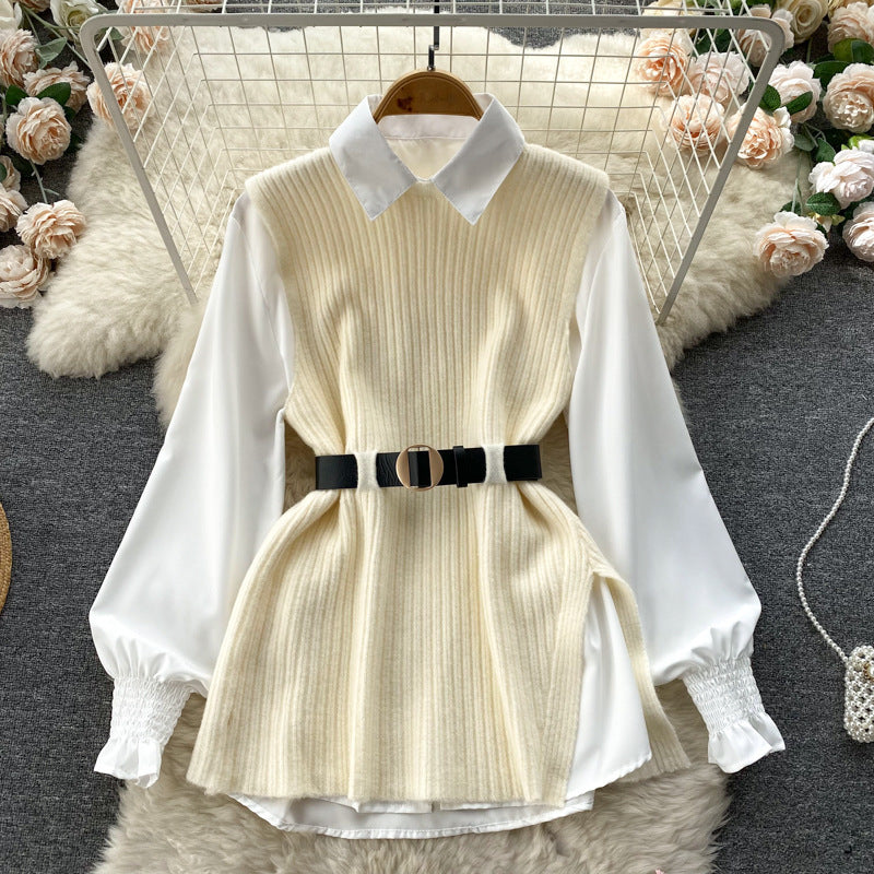 Damen Lagenlook-Bluse mit Rippstrick-Überwurf und Taillengürtel EB