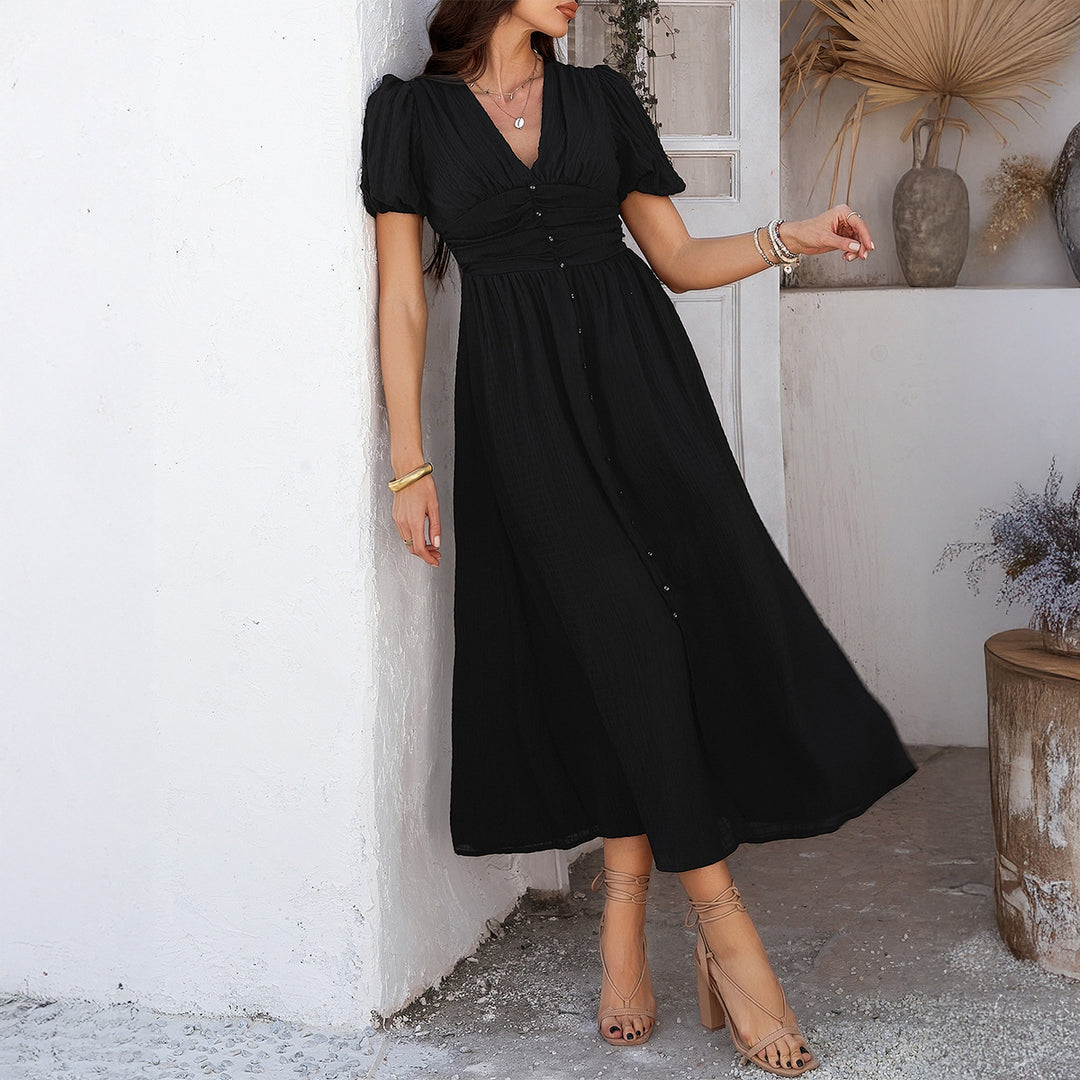 Damen Maxikleid mit V-Ausschnitt und luftigen Puffärmeln EB