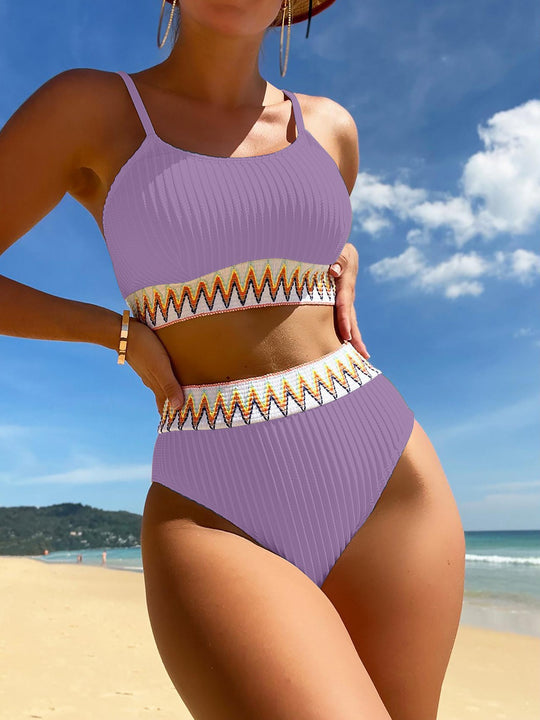 Damen Hochtailliertes Bikini-Set mit modischem Rippdesign und buntem Akzent EB
