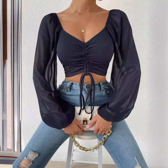 Damen Crop-Top mit strukturiertem Körper und eleganten Puffärmeln EB