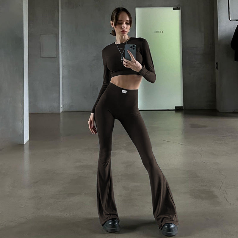 Damen Langarm Cropped Top und Flared Pants Set EB