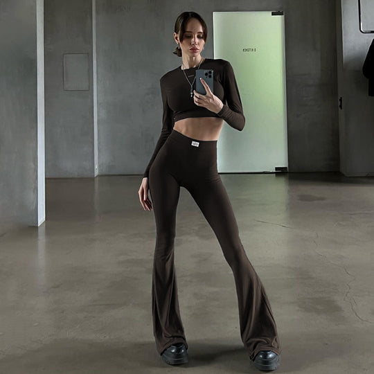 Damen Langarm Cropped Top und Flared Pants Set EB