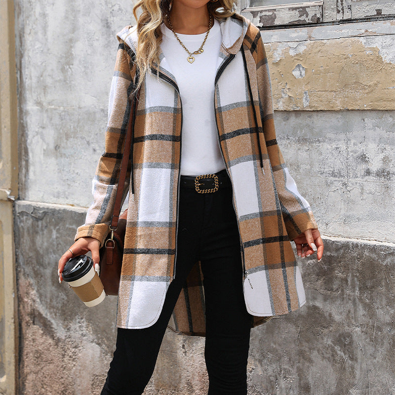 Damen modische Karojacke mit praktischen Taschen und Kapuze EB