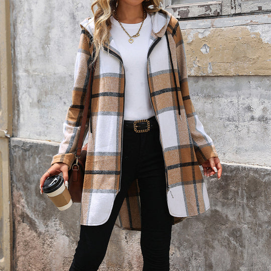 Damen modische Karojacke mit praktischen Taschen und Kapuze EB