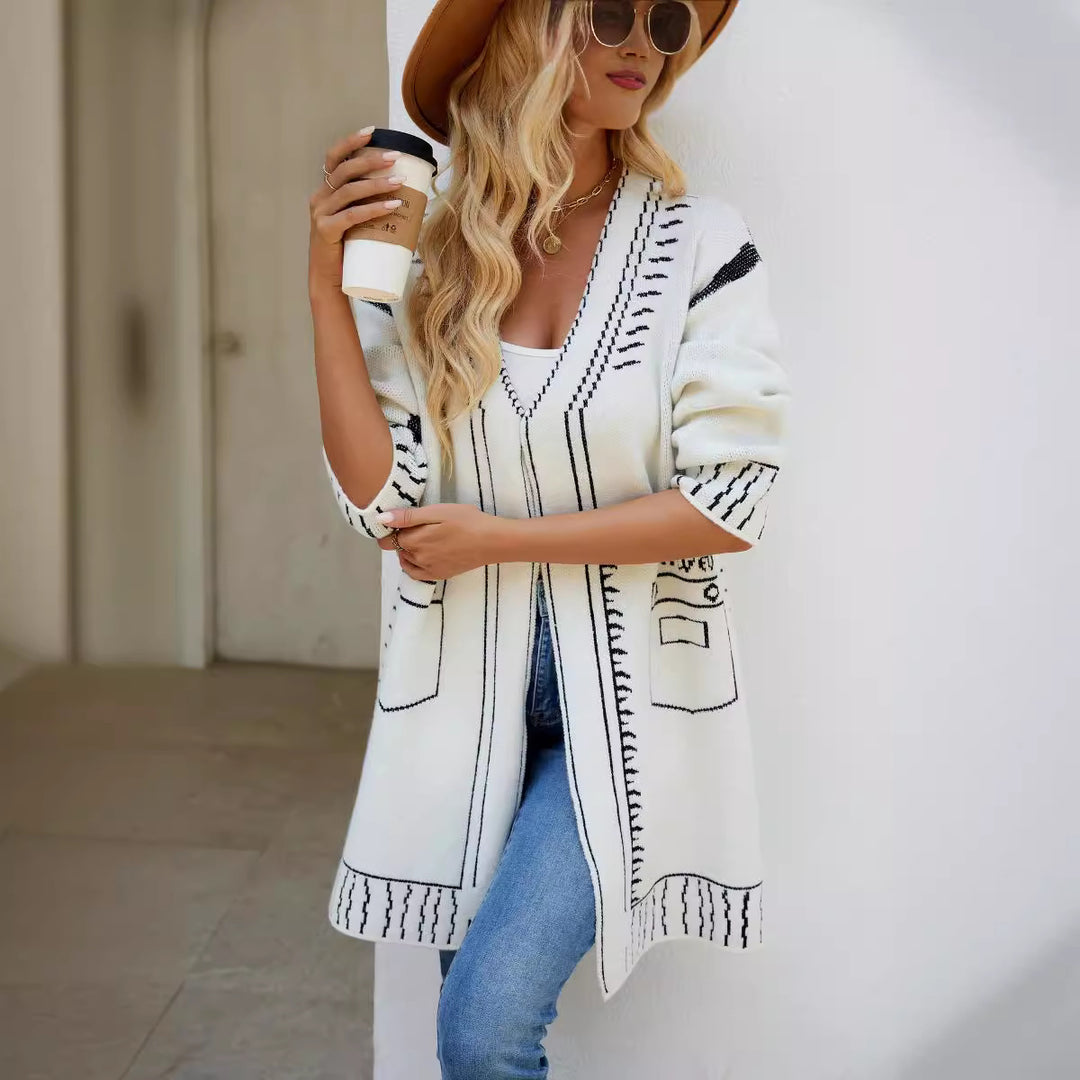 Damen Langarm Cardigan mit grafischem Design und praktischen Taschen EB
