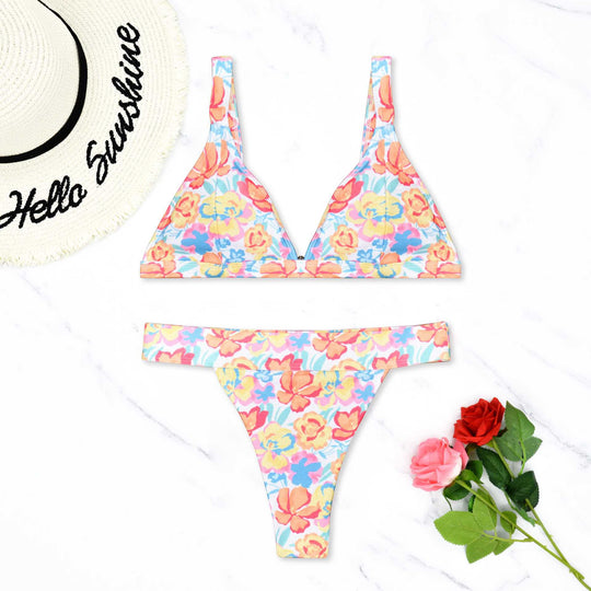 Damen Triangel-Bikini mit floralem Muster und verstellbaren Trägern EB