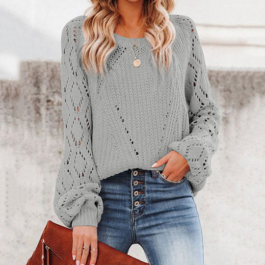 Damen Strickpullover mit romantischem Häkelmuster und voluminösen Ärmeln EB