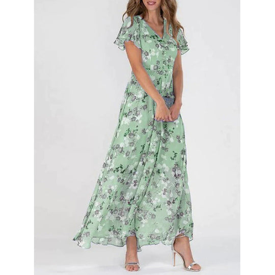 Damen Maxikleid mit floralem Chiffon-Stoff und transparenten Ärmeln EB