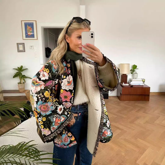 Damen gestepptes Blütenmuster Jacke EB