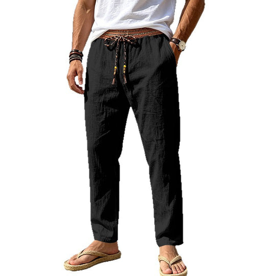 Herren Leinenoptik Freizeithose mit besticktem Kordelbund und Kordelzug EB