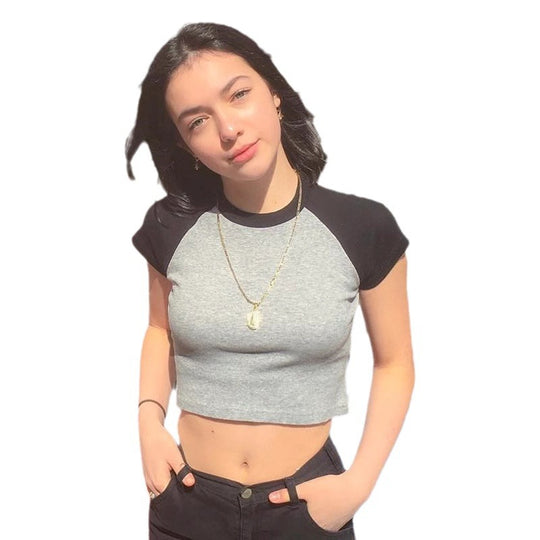 Damen Kurzarm Crop-Top mit farblich abgesetzten Raglanärmeln EB