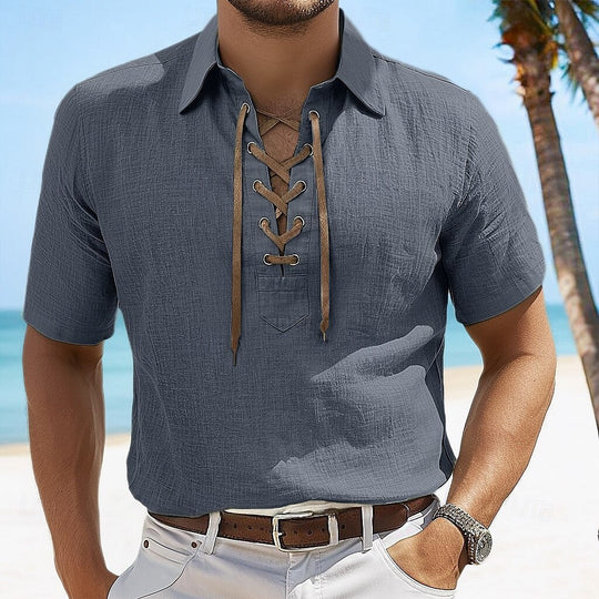 EB | Leinen Revers Tether V-Ausschnitt Kurzarm-Shirt