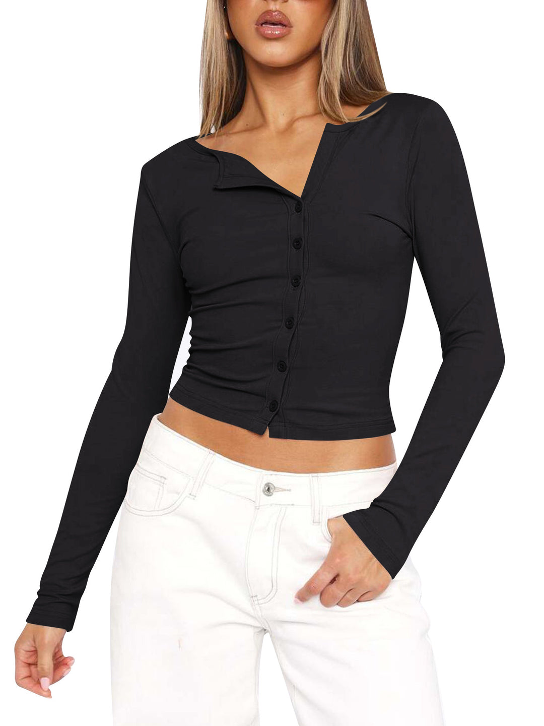 Damen figurbetontes Langarmshirt mit Knopfleiste und V-Ausschnitt EB