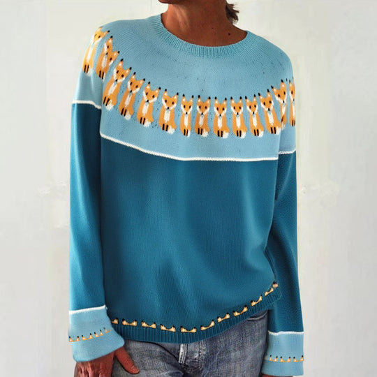 Damen nan melierter Rundhalsausschnittpullover mit kreisförmigem Jacquard-Yoke und geripptem Saum EB