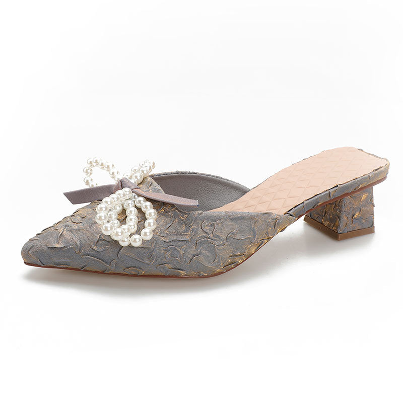Damen elegante Mules mit perlenverziertem Schleifendetail EB
