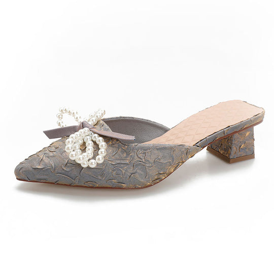 Damen elegante Mules mit perlenverziertem Schleifendetail EB