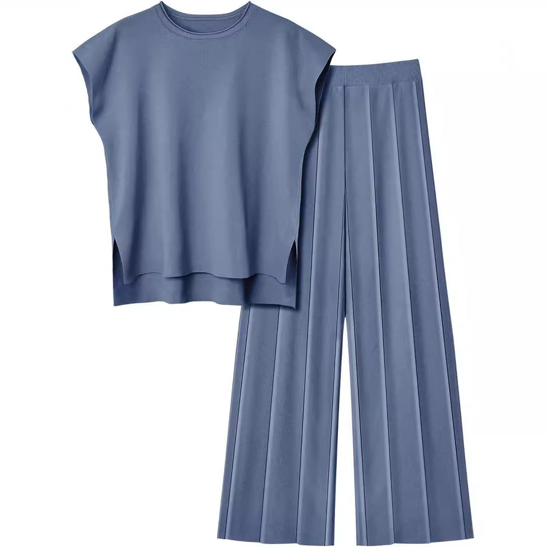 Damen elegantes Set mit kurzärmligem Oberteil und plissierter Hose EB