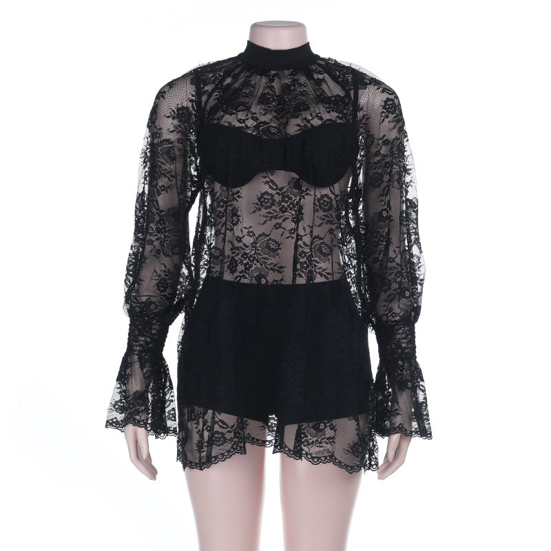 Damen Spitzenbodysuit mit elegantem Stehkragen und voluminösen Ärmeln EB