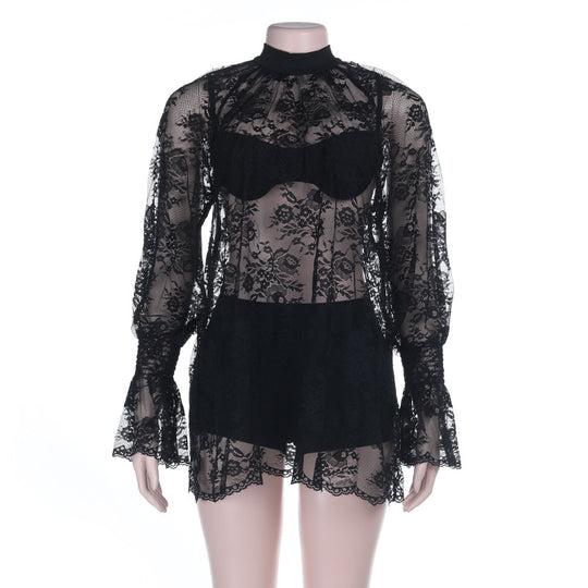 Damen Spitzenbodysuit mit elegantem Stehkragen und voluminösen Ärmeln EB