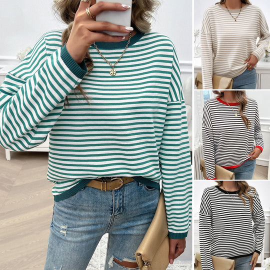 Damen Lässiger Streifenpullover mit Farbigen Akzenten EB