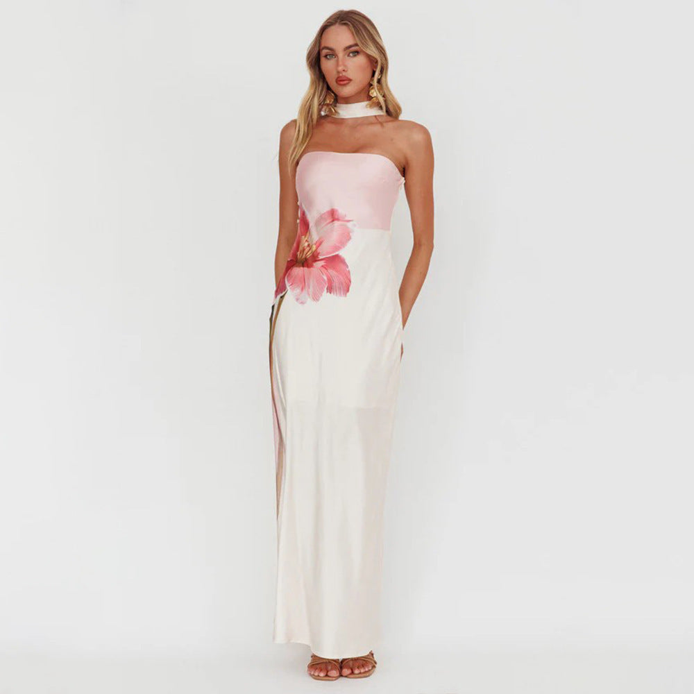 Damen Elegantes Schulterfreies Maxikleid mit floralem Design und tailliertem Schnitt EB