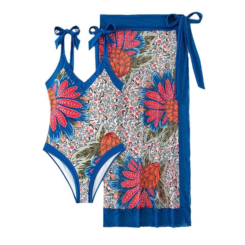 Damen Eleganter One-Piece Badeanzug mit floralem Wickeltuch EB