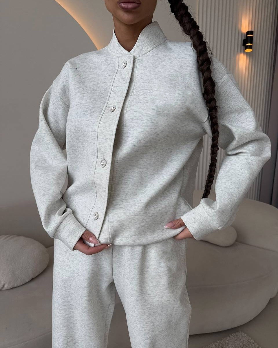 Damen Zweiteiliges Loungewear-Set mit Stehkragen, dekorativen Schmuckknöpfen und weitem Palazzo-Hosenbein EB