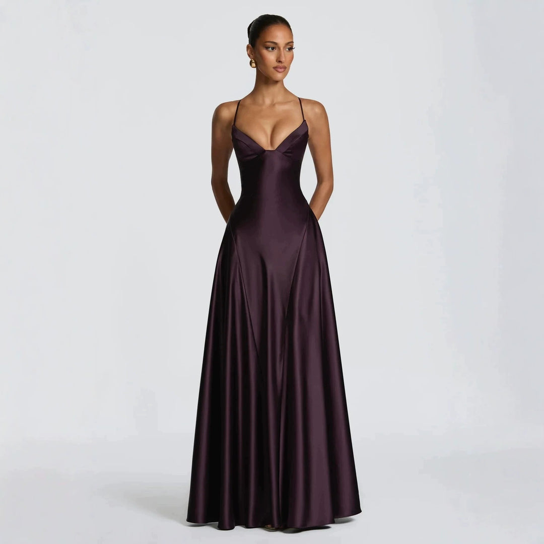 Damen elegantes Satin-Maxikleid mit raffinierten Spaghettiträgern EB