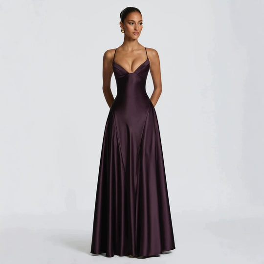 Damen elegantes Satin-Maxikleid mit raffinierten Spaghettiträgern EB
