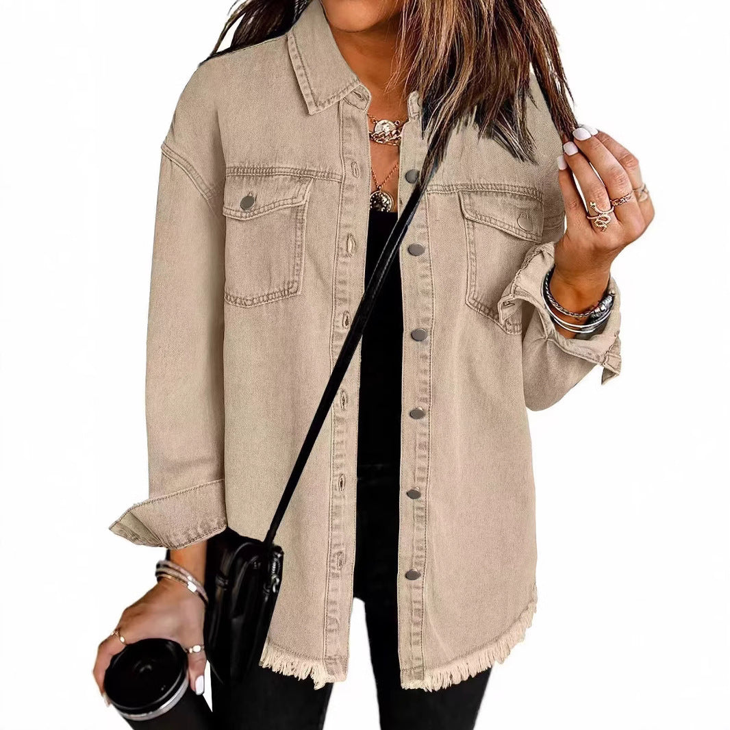 Damen Oversized Jeanshemd mit Fransen EB