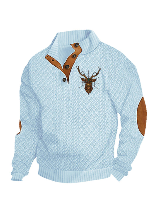 Herren nan Heritage-Strukturpullover mit Stehkragen Lederimitat-Besatz Ellenbogen-Patches und Halbknopfleiste EB
