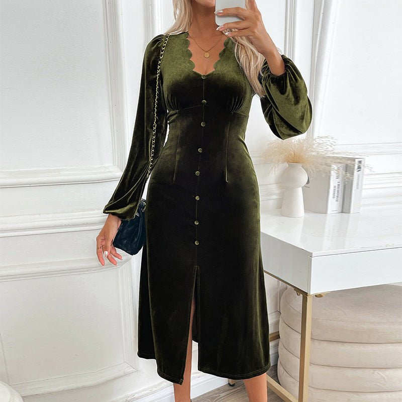 Damen Midi-Kleid mit elegantem Knopfleisten-Design und voluminösen Ärmeln EB