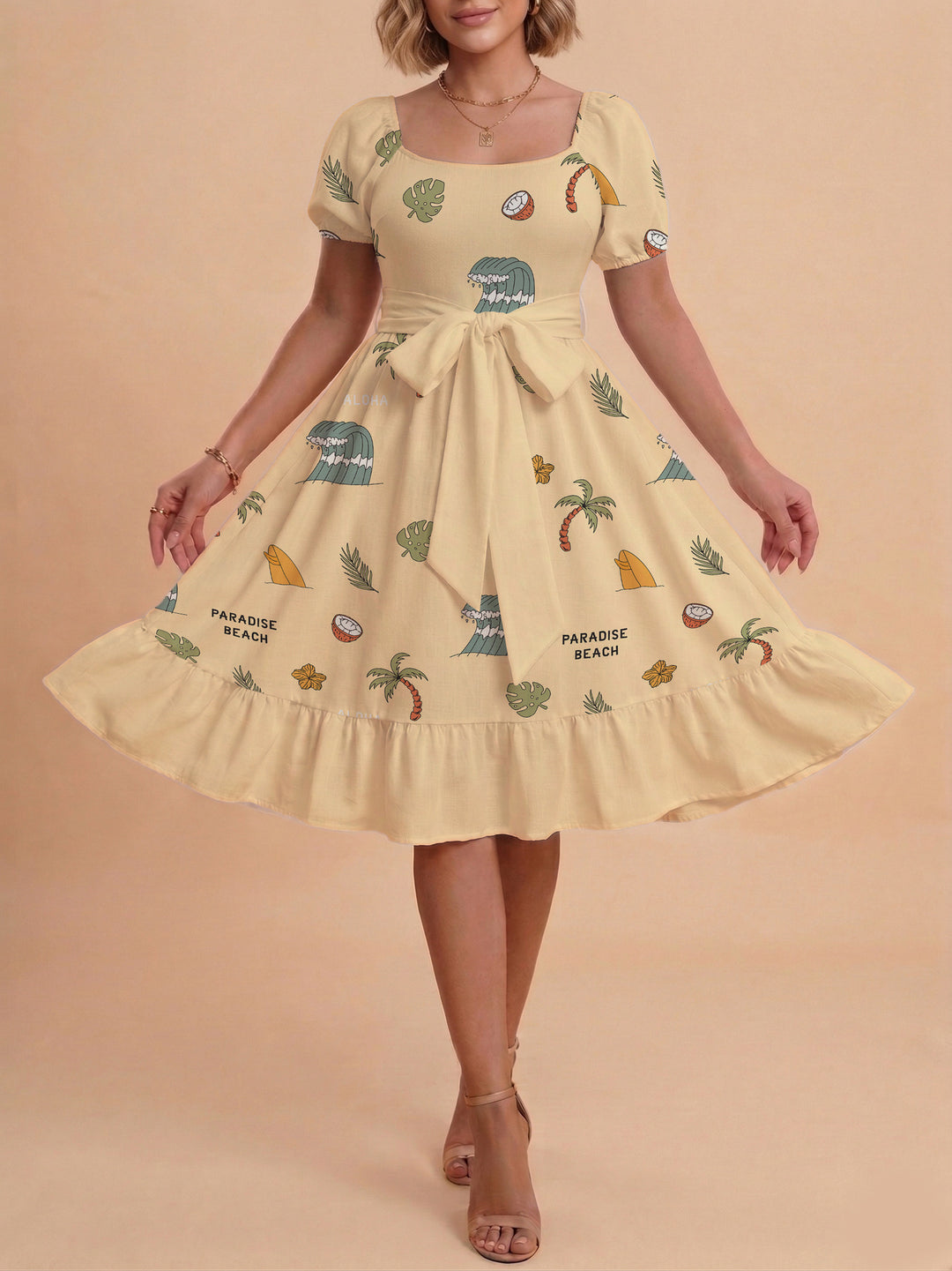Damen A-Linien-Kleid mit floralen Motiven und taillierbarem Gürtel EB