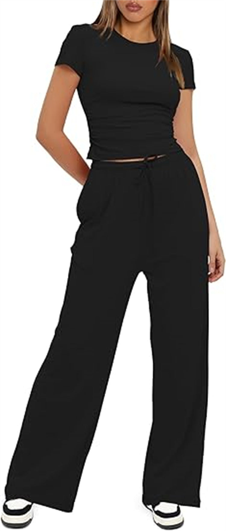 Damen lässiger Zweiteiler mit cropped Oberteil und weitem Beinkleid EB