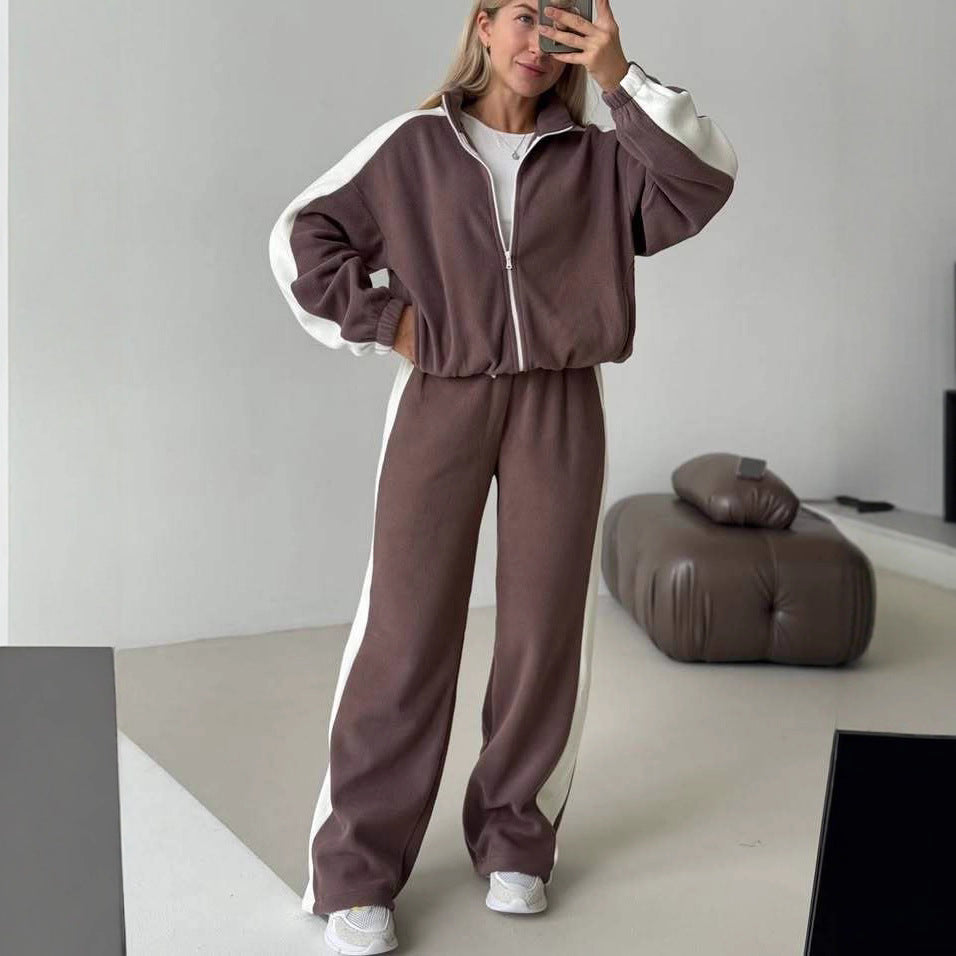 Damen sportlich-elegantes Fleece-Trainingsset mit kurzem Stehkragen-Zip, elastischem Bund und seitlichen Kontrastbahnen Eichborn Berlin
