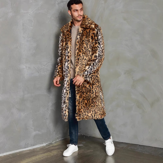 Herren Eleganter Kunstfellmantel mit Leopardenmuster und breitem Kragen EB