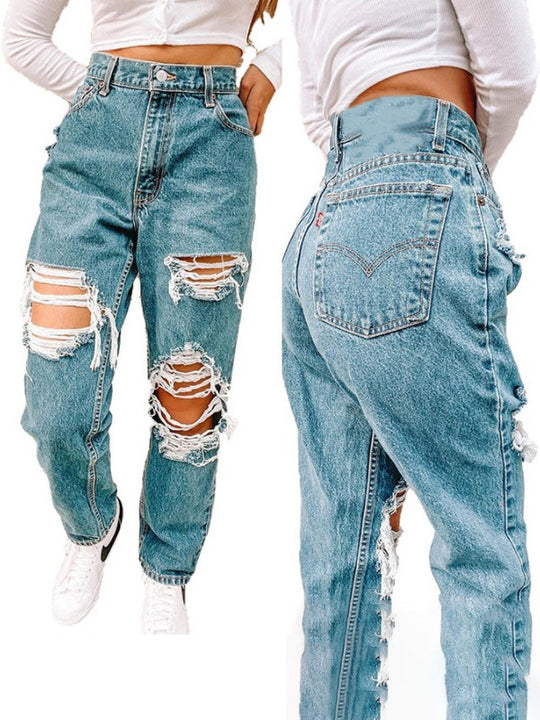 Damen Hochtaillierte Ripped Jeans mit fransigen Details EB