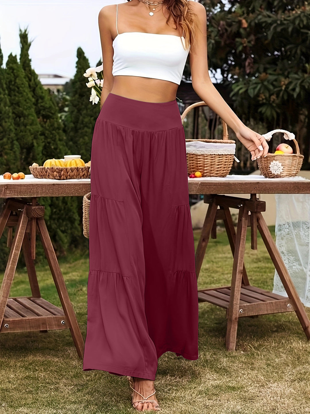 Damen Weite Sommerhose mit hohem Taillenbund und luftigen Falten EB