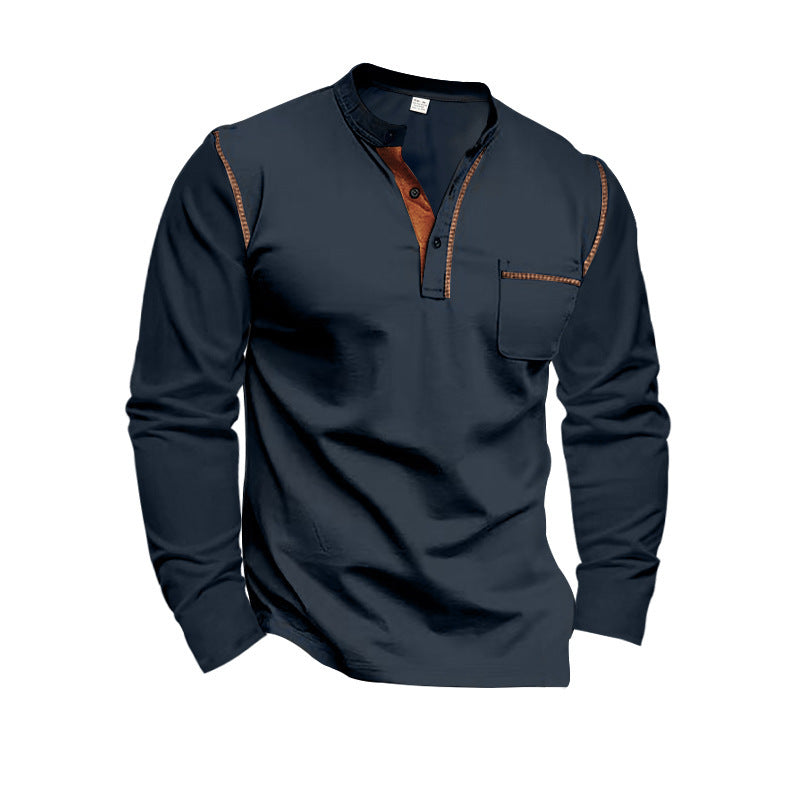 Herren nan Langarmshirt mit Mandarin-Kragen Brusttasche und Kontrastziernähten EB