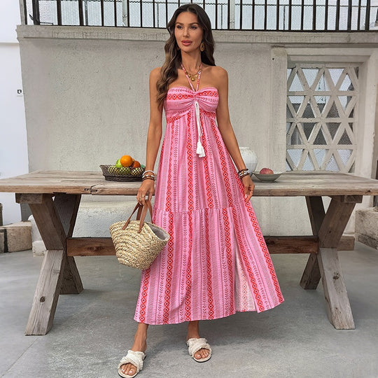 Damen Maxi-Strandkleid mit elastischem Oberteil und verspieltem Muster EB