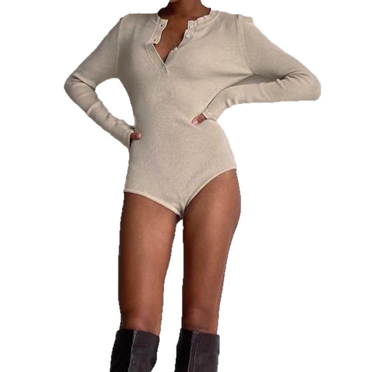 Damen Langarm-Bodysuit mit Knopfleiste und Rippstruktur EB