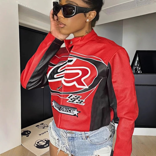 Damen cropped Kunstlederjacke mit kontrastierenden Farbdetails EB