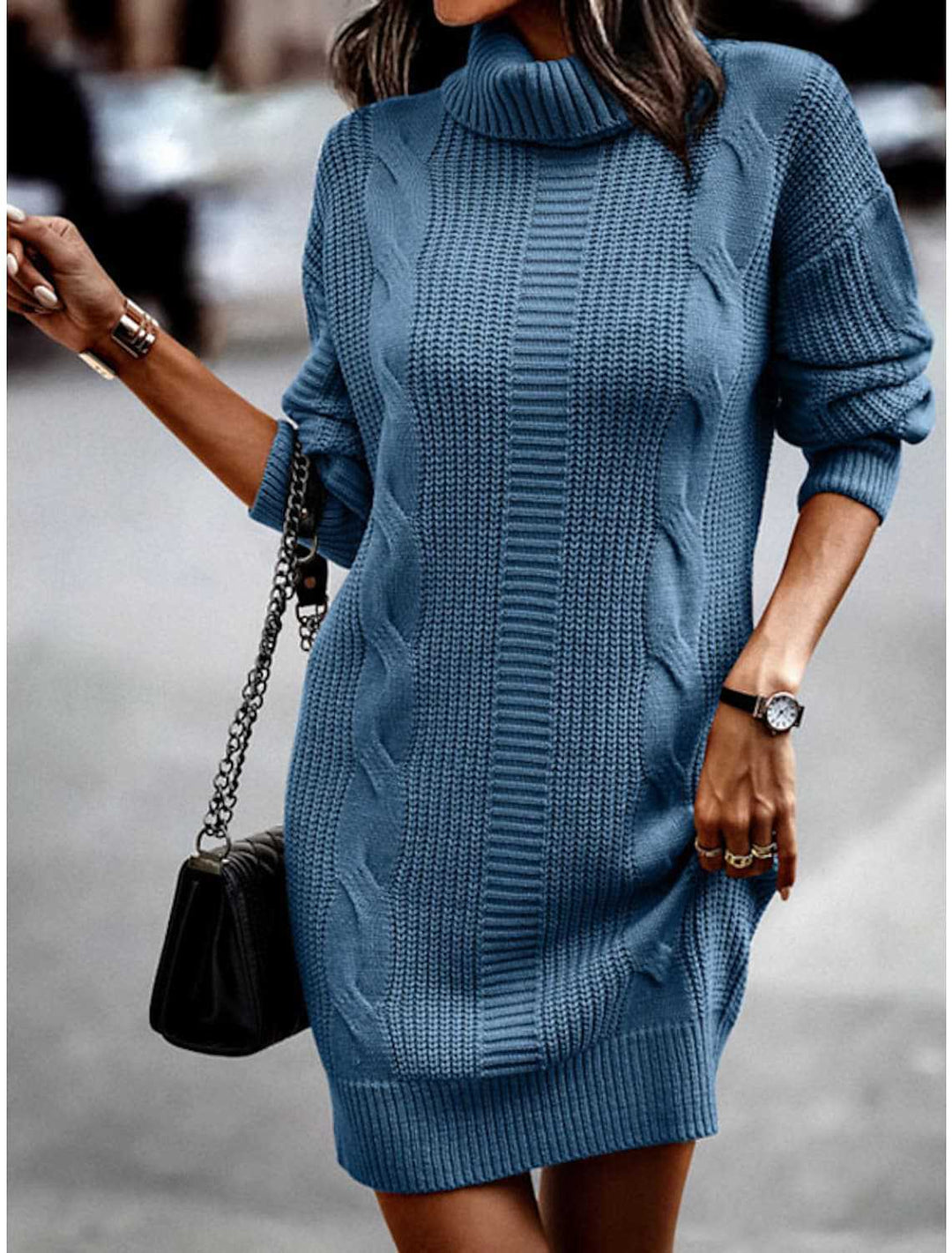 Damen Strickkleid mit Rollkragen und Zopfdesign EB