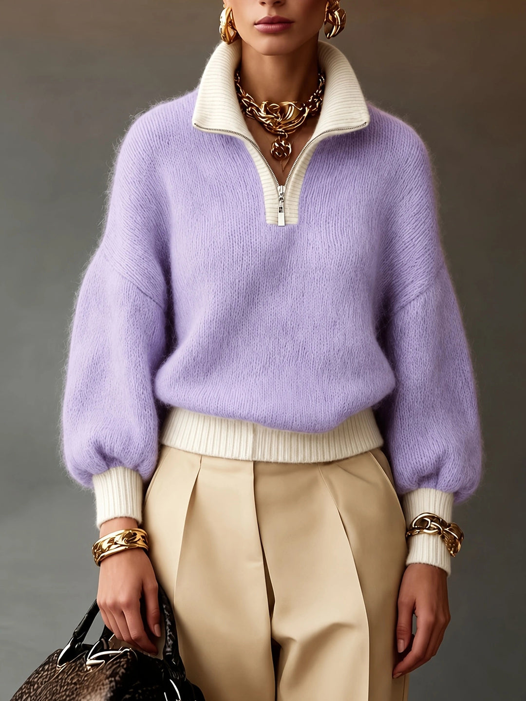 Damen Flauschiger Pullover mit halbem Reißverschluss, Stehkragen und Ballonärmeln EB