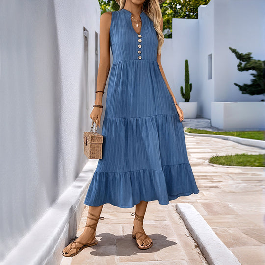 Damen Midikleid mit Knopfdetails und voluminösem Rock EB