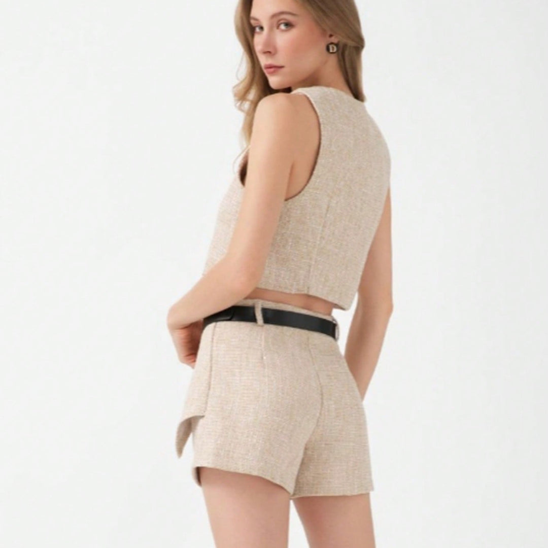 Damen Tweed-Shorts-Set mit tailliertem Oberteil und Gürtel EB