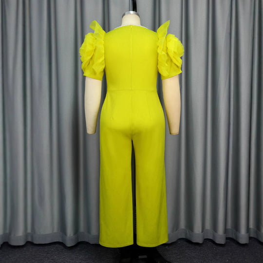 Damen eleganter Jumpsuit mit voluminösen Puffärmeln und Perlenakzent EB