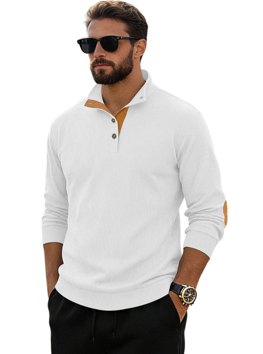 Herren nan fein gerippter Strickpullover mit Polokragen Knopfleiste und Ellenbogenbesatz EB
