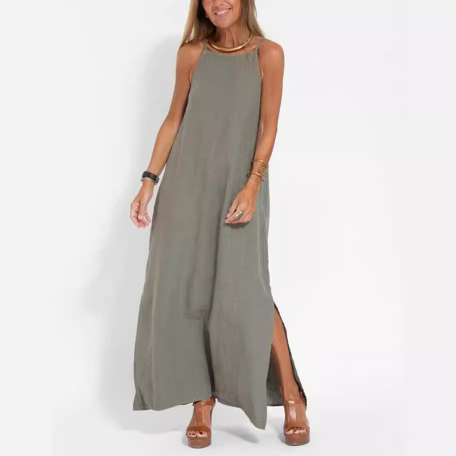 Damen lässiges Maxikleid mit schmalen Trägern und fließendem Schnitt EB