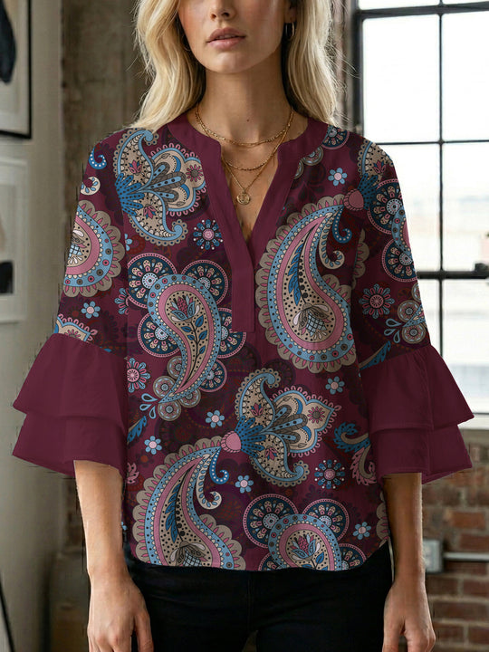 Damen Bluse mit voluminösen Flügelärmel und intensivem Blattmuster EB